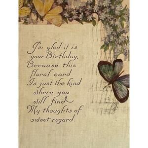 Antique 1920 Ephemera Postcard Birthday Wishes Litho Butterflies Posies Poem SEE